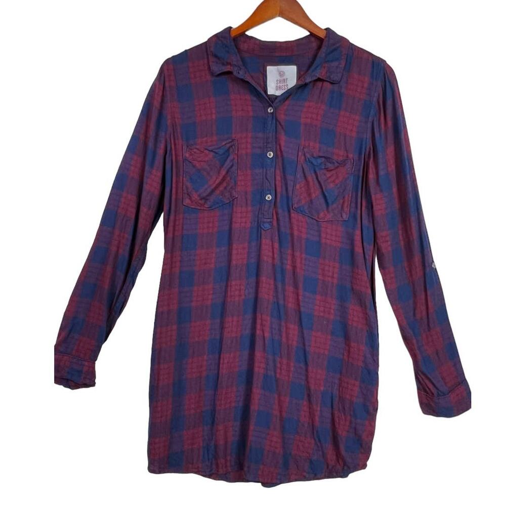 SO Long Sleeve Roll Tab Shirt Dress Pockets Size XL Red Blue Plaid